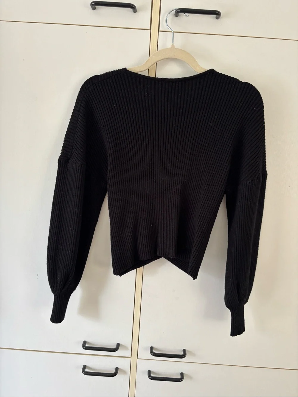 Zara Knit Wrap Sweater Black Textured Balloon Sleeve Small Minimalist Stretchy - Picture 5 of 11